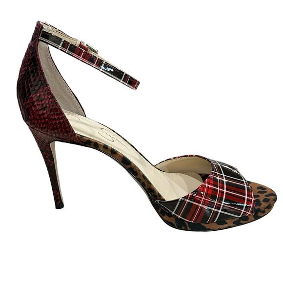 Jessica Simpson daisile faux leather heels plaid leopard snakeskin size 9M /40 - Picture 3 of 8